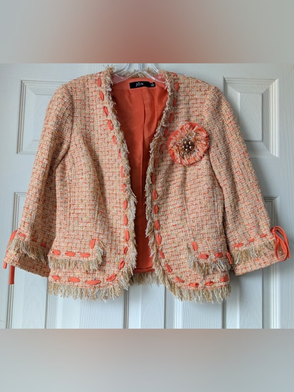 Jôn Peach-Orange Tweed Fringe Blazer with Floral Pin, Sz. 6